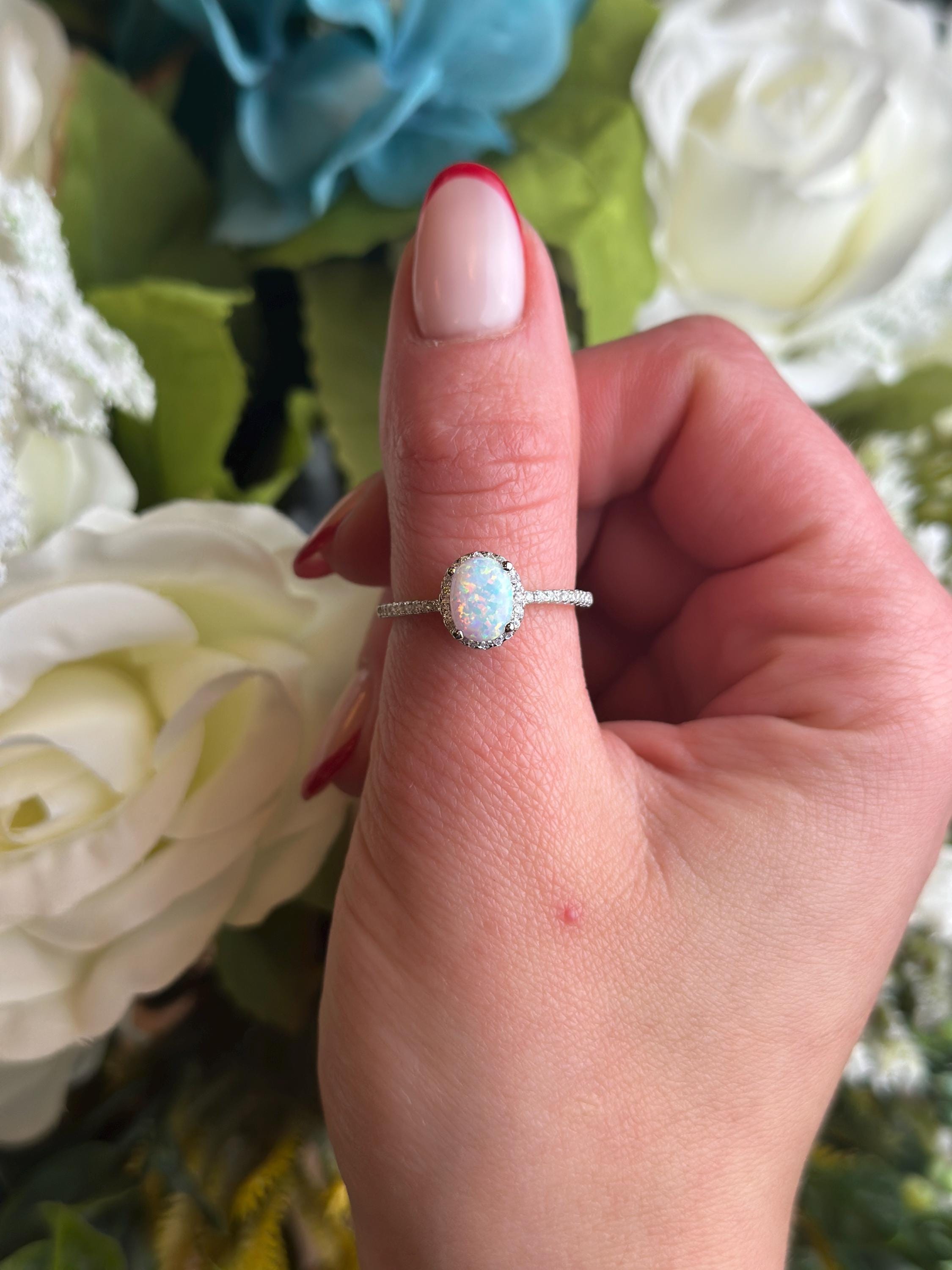 Halo Oval Lab White Opal Wedding Engagement Ring Round Simulated Diamond Accent 925 Sterling Silver Art Deco Vintage Gift For Her Women