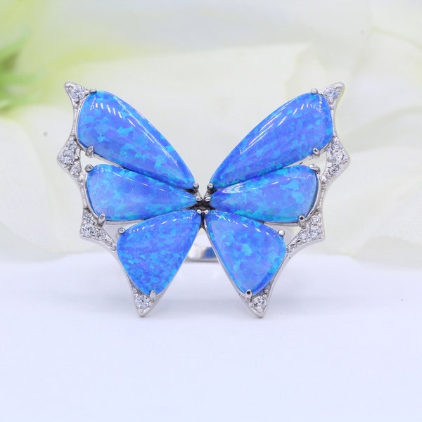 25mm Butterfly Ring New Design 925 Sterling Silver Lab Blue Opal Round Diamond CZ Butterfly Band Fashion Butterfly Love Gift Butterfly