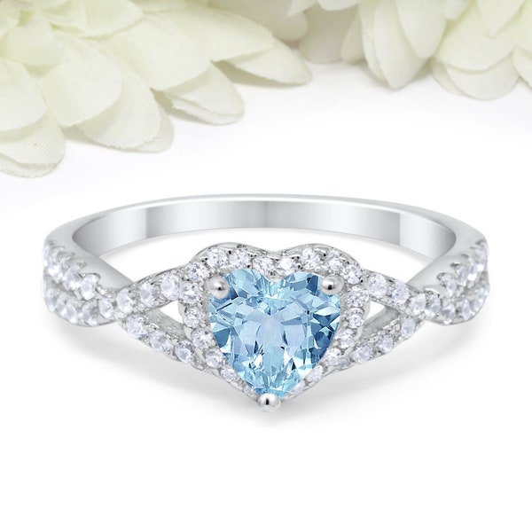 Halo Heart Promise Ring Aquamarine CZ Heart Round Simulated Diamond Sterling Silver Infinity Twist Shank March Stone