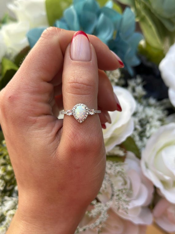 Halo Teardrop Opal Engagement Ring: Simulated Diamond, Sterling