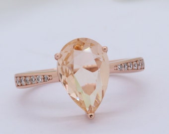 Pear Teardrop Morganite Wedding Engagement Bridal Ring Round Diamond CZ Accent Rose Gold Solid 925 Sterling Silver