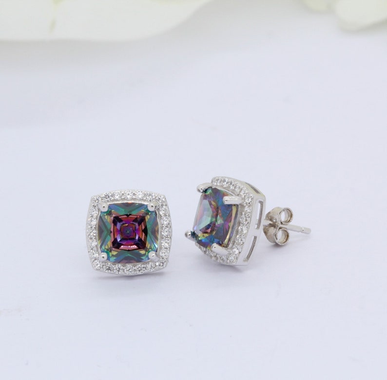 Engagement, Halo Bridal Stud Earrings Cushion Cut 2.00 CT Rainbow Fire Topaz CZ Round Simulated Diamond 925 Sterling Silver Wedding