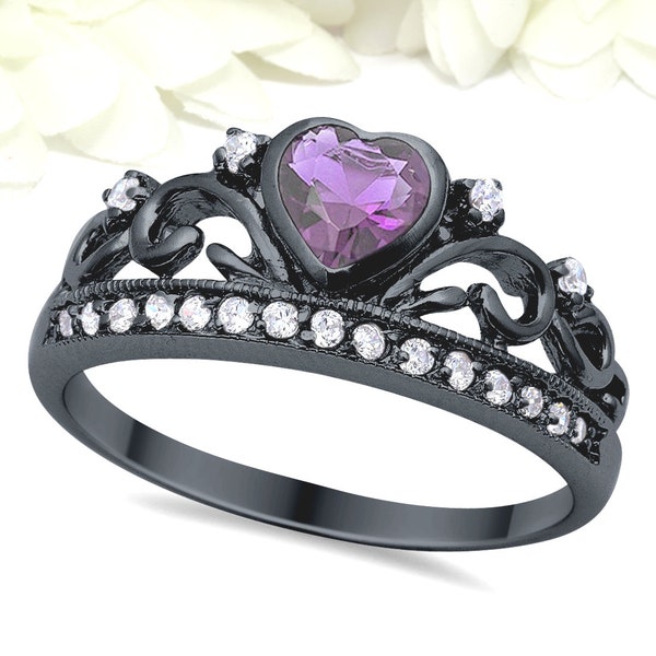 Heart Crown Filigree Half Eternity Ring Heart Purple Amethyst Round Diamond CZ Black Gold 925 Sterling Silver Crown Ring, King, Queen Heart