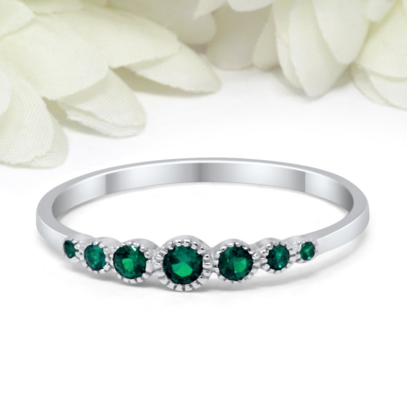 Petite Dainty 2mm Half Eternity Stackable Band Simulated Emerald Green CZ Solid 925 Sterling Silver Bezel Crown
