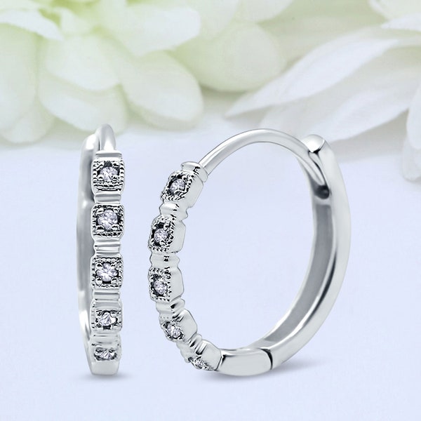 Art Deco Huggie Hoop Vintage Round Diamond CZ Earrings Wedding Bridal Earrings 925 Sterling Silver Rose Gold Bridesmaid 2.5mmx14mm