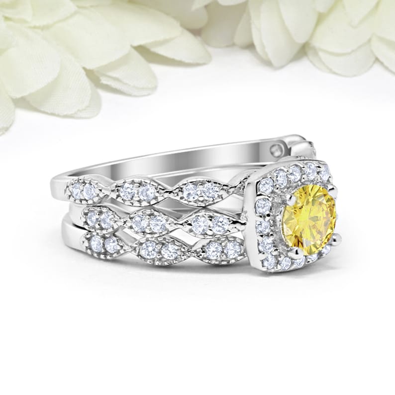 Round Canary Yellow CZ Halo 3 Three Piece Wedding Engagement Set Art Deco Ring Band Sterling Silver Round Simulated Diamond CZ