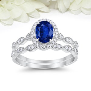 1.65 Carat Oval Blue Sapphire CZ Art Deco Solitaire Accent Dazzling Wedding Engagement Ring Band Two Piece Round CZ Sterling Silver image 4