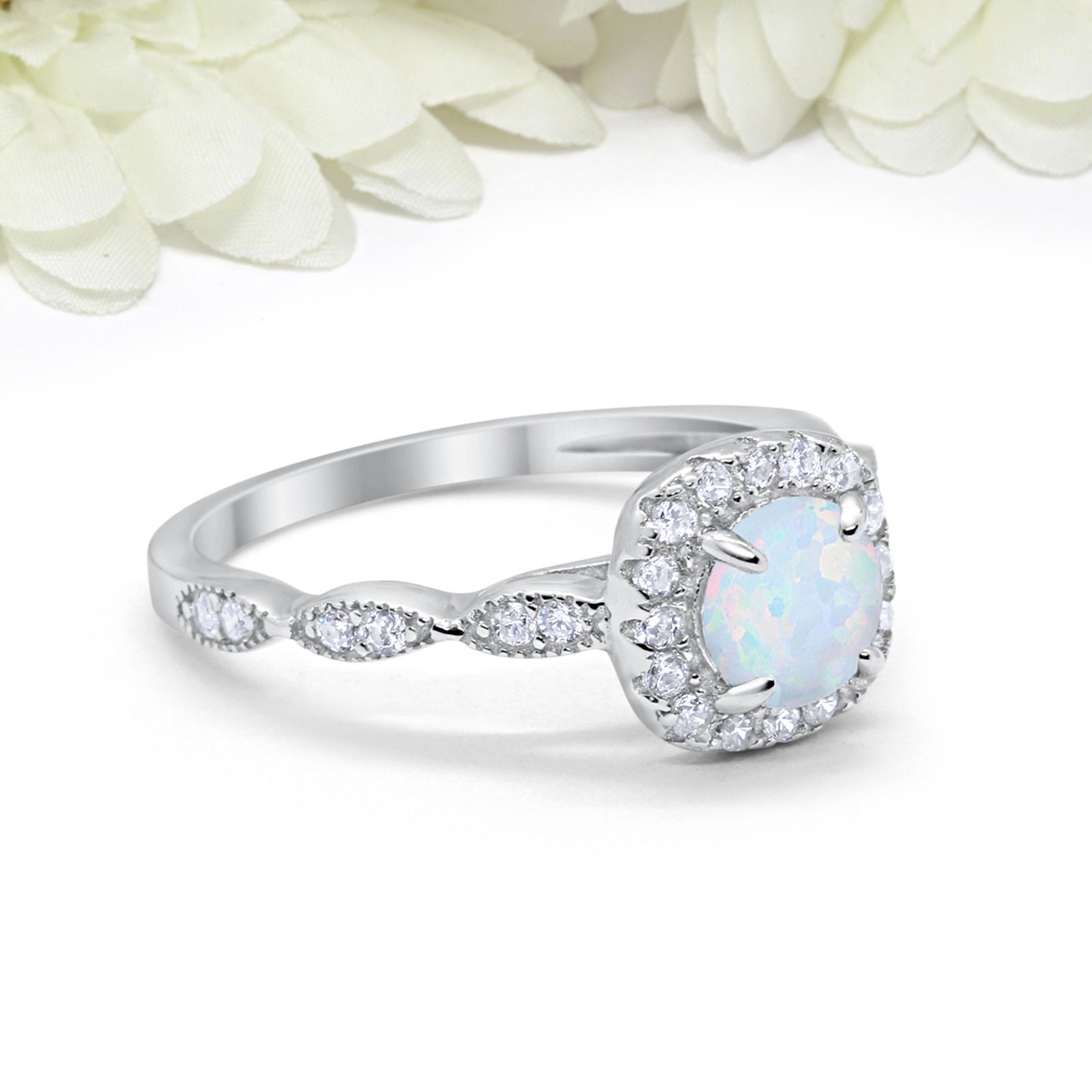 Art Deco Vintage Wedding Engagement Ring Round Lab White Opal | Etsy
