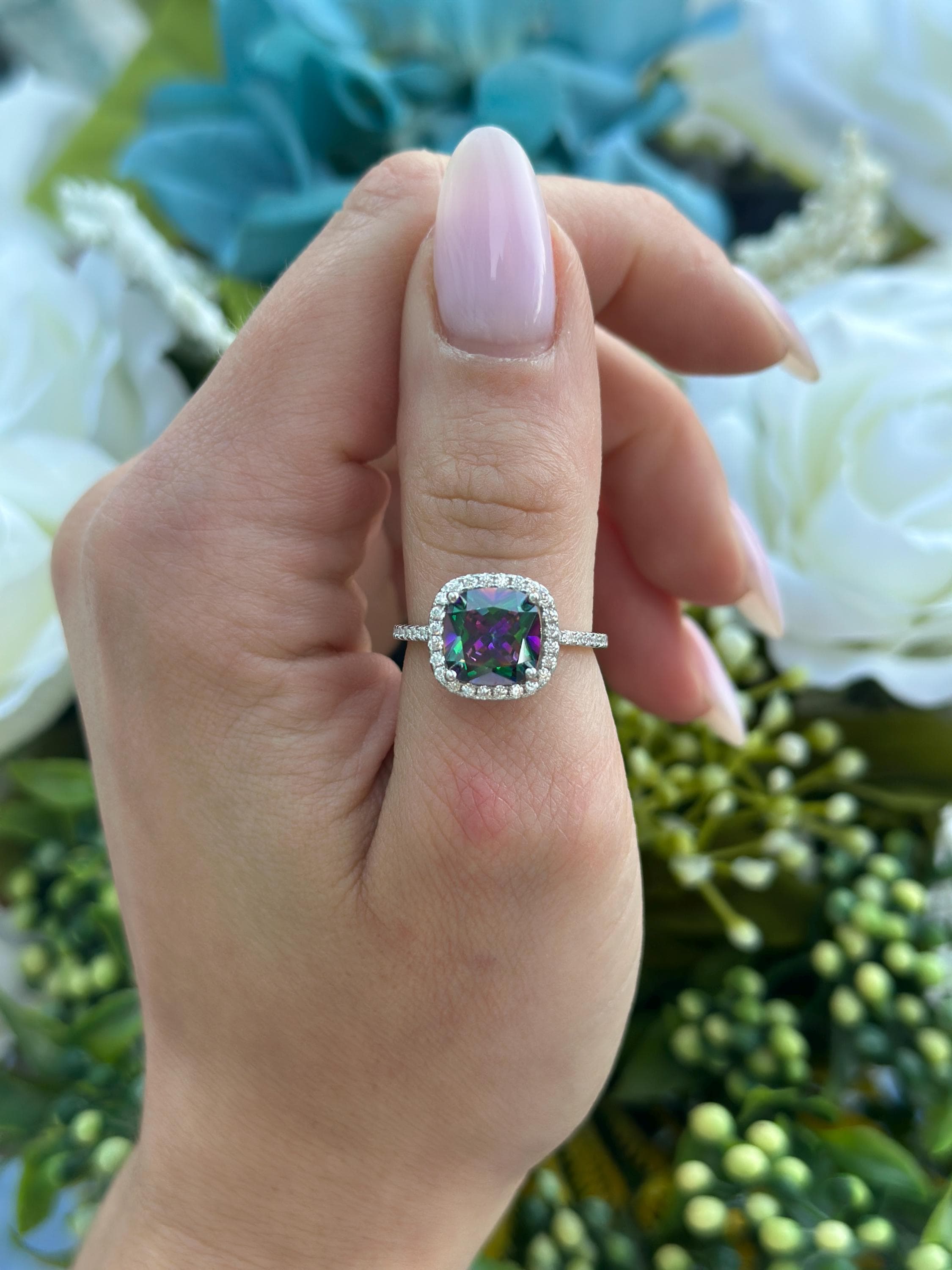 Cushion Cut Mystic Fire Ring Halo Cushion Cut Carat Mystic Rainbow