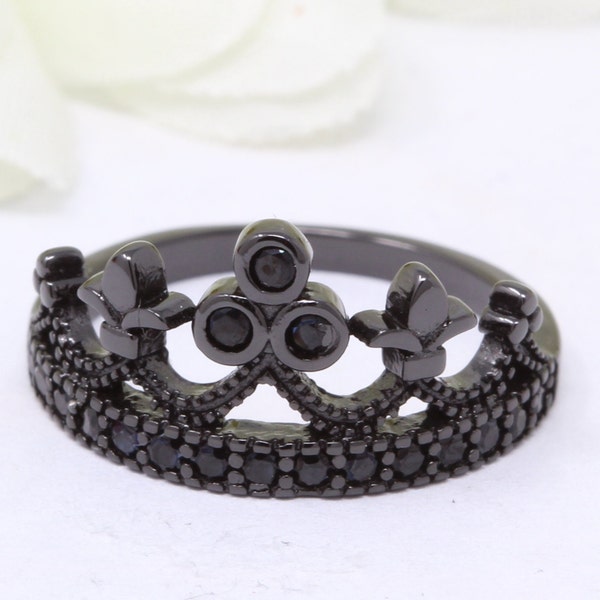 Crown Ring Black Gold 925 Sterling Silver Round Simulated Black Diamond King Queen Crown Princess