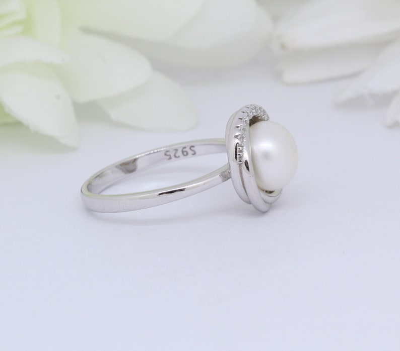 Freshwater Pearl Swirl Wedding Engagement Ring Bridal Round Simulated Diamond Solid Solid 925 Sterling Silver image 2