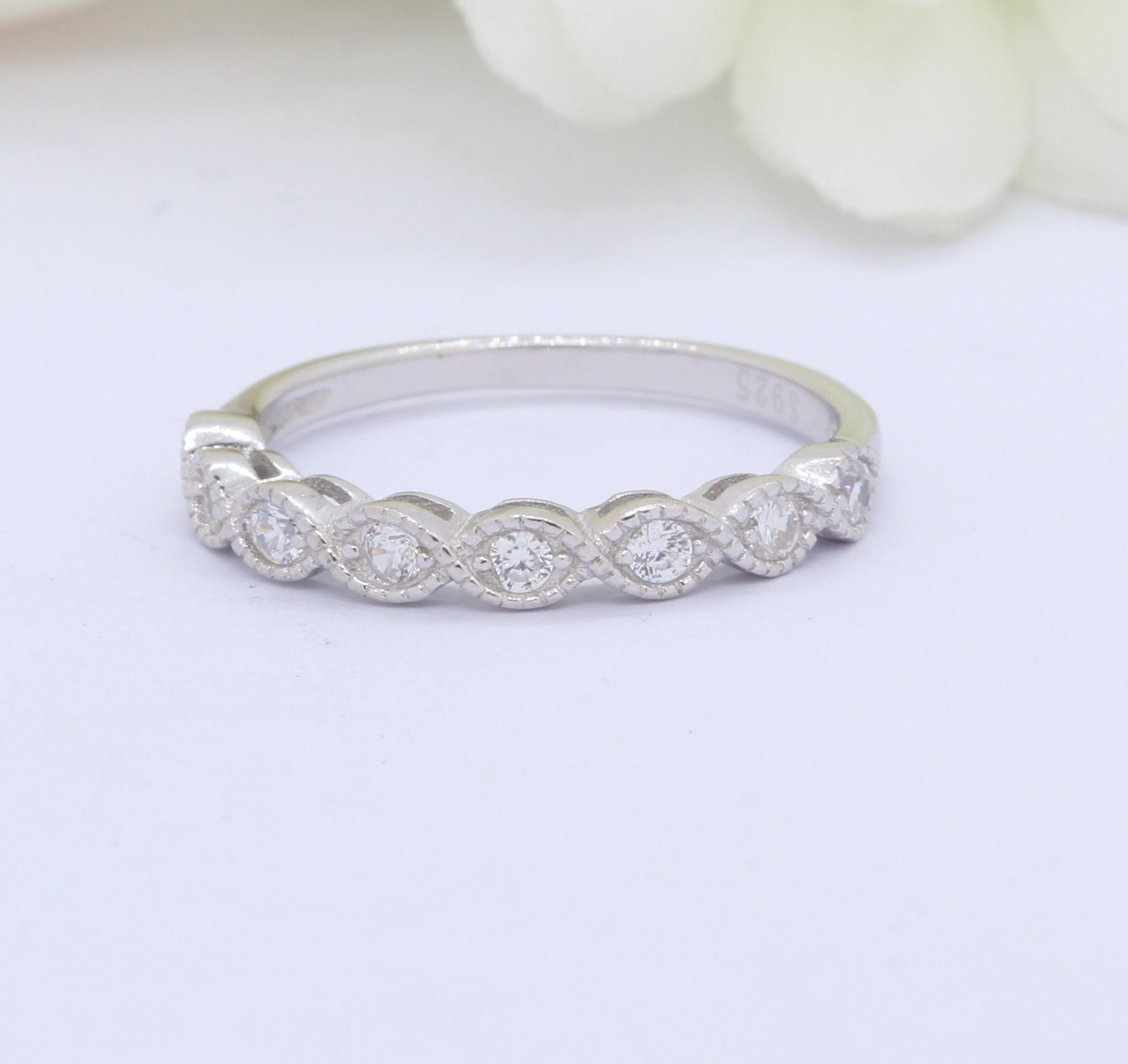 3mm Half Eternity Art Deco Wedding Band Ring Solid 925 Sterling Silver Round Simulated Diamond CZ Eternity Band Wedding Band Engagement