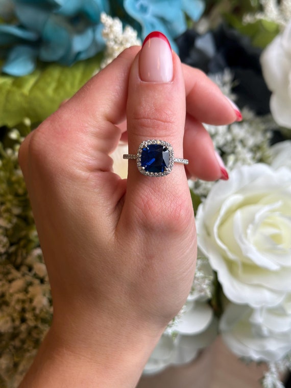 Halo Cushion Cut Carat Simulated Blue Sapphire Wedding