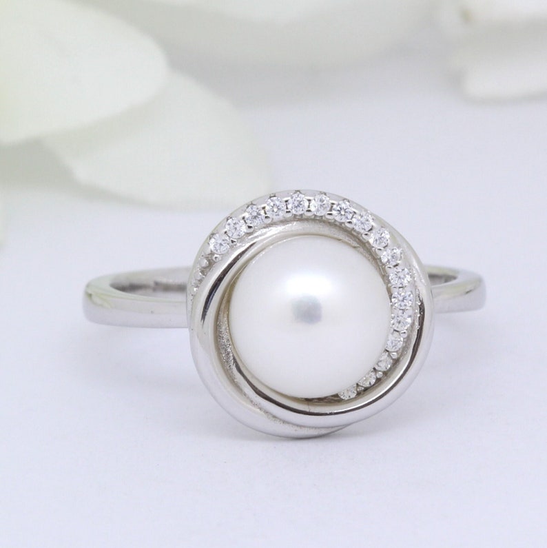 Freshwater Pearl Swirl Wedding Engagement Ring Bridal Round Simulated Diamond Solid Solid 925 Sterling Silver image 1