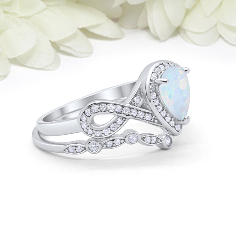 Art Deco Teardrop Bridal Set 1.25Ct Pear Simulated White Opal Diamond CZ 925 Sterling Silver Teardrop Ring Ring Band Wedding Engagement