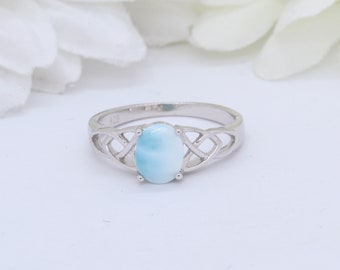 Solitaire Celtic Oval Natural Dominican Larimar Wedding Engagement Ring Bridal Solid 925 Sterling Silver Engagement Ring Larimar