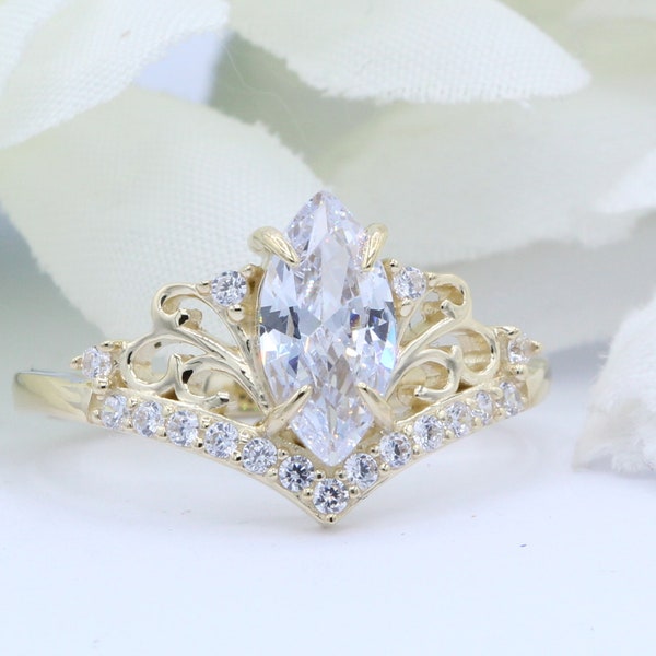 Art Deco Filigree V Chevron Vintage Ring 1.25Ct Marquise Diamond CZ 925 Sterling Silver Rose Yellow Gold Wedding Engagement Bridal Ring