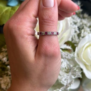 3mm Full Eternity Art Deco Antique Style Wedding Band for Ring Alternating Square Round Ruby CZ Simulated Diamond 925 Sterling Silver