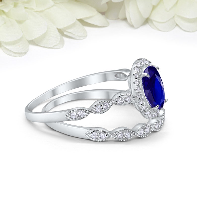 1.65 Carat Oval Blue Sapphire CZ Art Deco Solitaire Accent Dazzling Wedding Engagement Ring Band Two Piece Round CZ Sterling Silver image 2