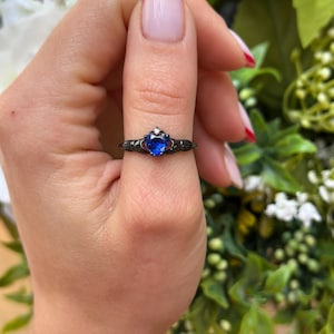 Claddagh Ring Irish Black Gold Sterling Silver Deep Blue Sapphire CZ Heart Irish Claddagh Engagement Ring Round Diamond CZ