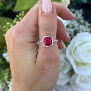 Halo Cushion Cut 2.75 Carat Red Ruby Wedding Engagement Ring Round Diamond CZ Accent Solid 925 Sterling Silver