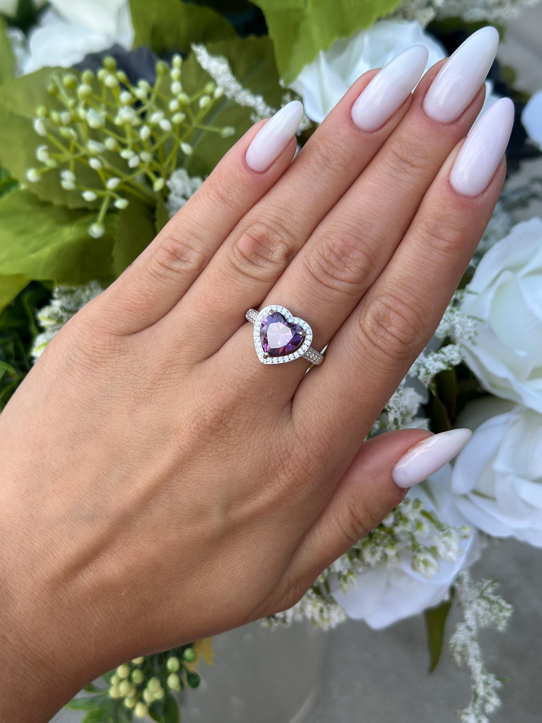 Anello In Argento 925 Con Zirconi Viola - Infinity Heart Halo, Taglie 4-10, Placcato Rodio, Nichel-free - Foto 4
