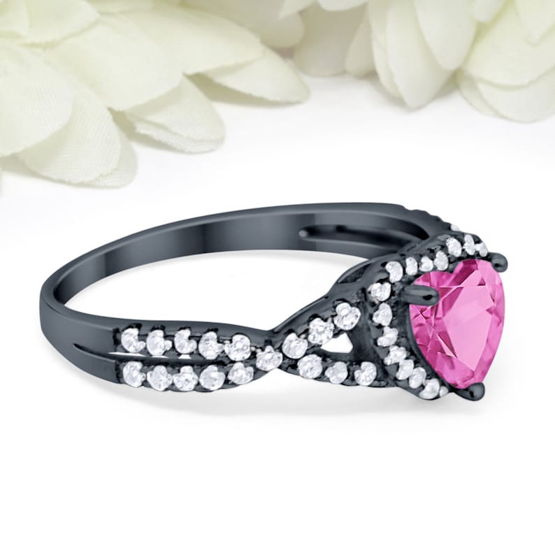 Halo Heart Promise Ring Heart Pink CZ Round Simulated Diamond Black Gold 925 Sterling Silver Infinity Twist Shank
