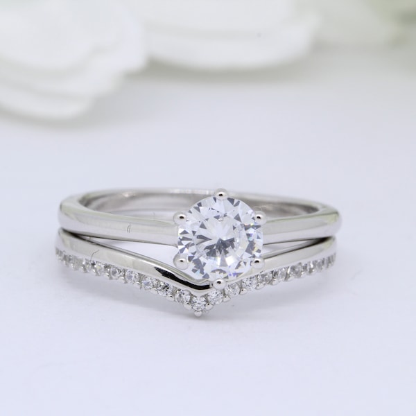 1.00 Carat Diamond CZ Solitaire Wedding Engagement Bridal Set Vintage Art Deco Ring V Midi Chevron Band Two Piece 925 Sterling Silver