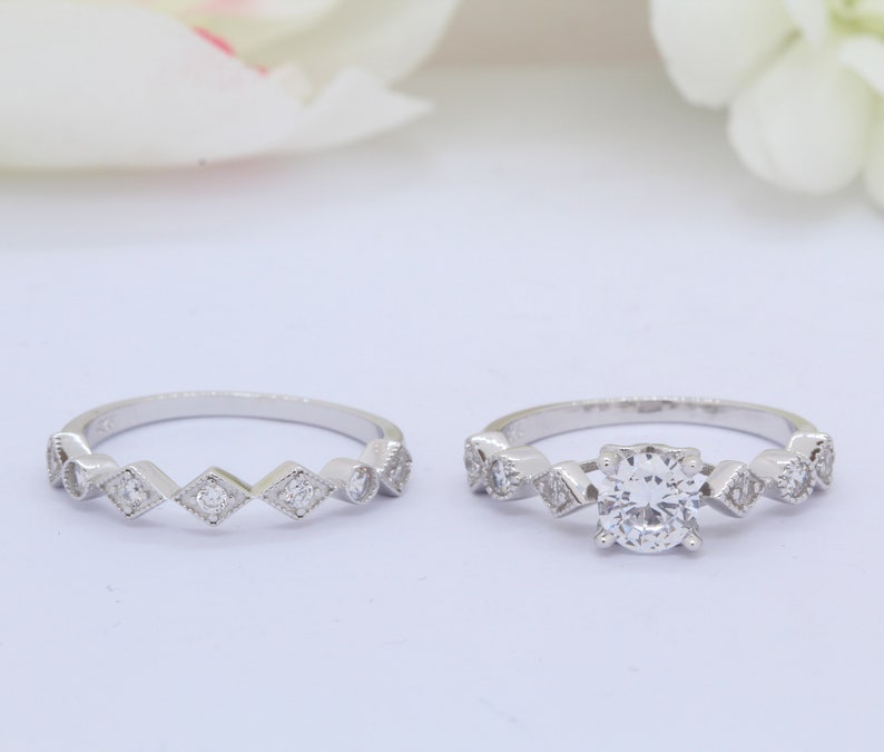 Vintage 1.00ct Round Simulated Diamond Art Deco Accent Wedding Engagement Bridal Set Ring Band Two Piece Round CZ 925 Sterling Silver