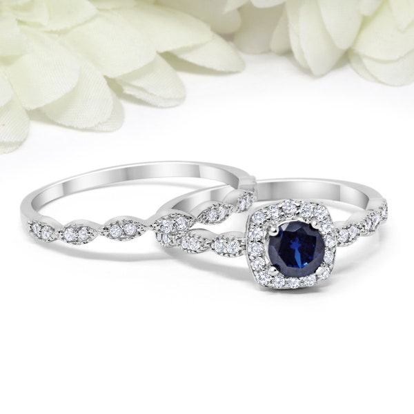 Round Deep Blue Sapphire CZ Halo Wedding Set Art Deco Ring Band Sterling Silver Round Simulated Diamond CZ