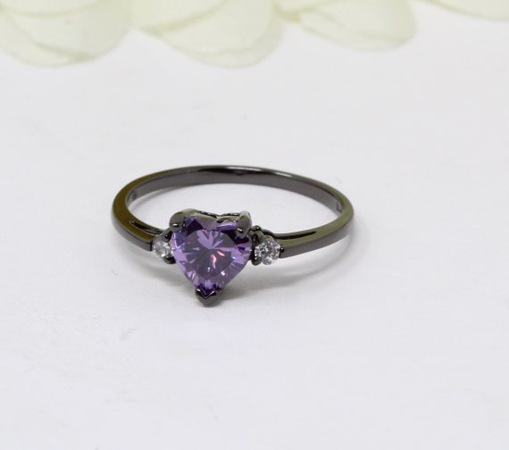 Cherryn Jewelry Size 6/7/8/9/10 Black Gold Filled Amethyst CZ Big Heart Ring Engagement Birthday Jewelry Anel RB0396 