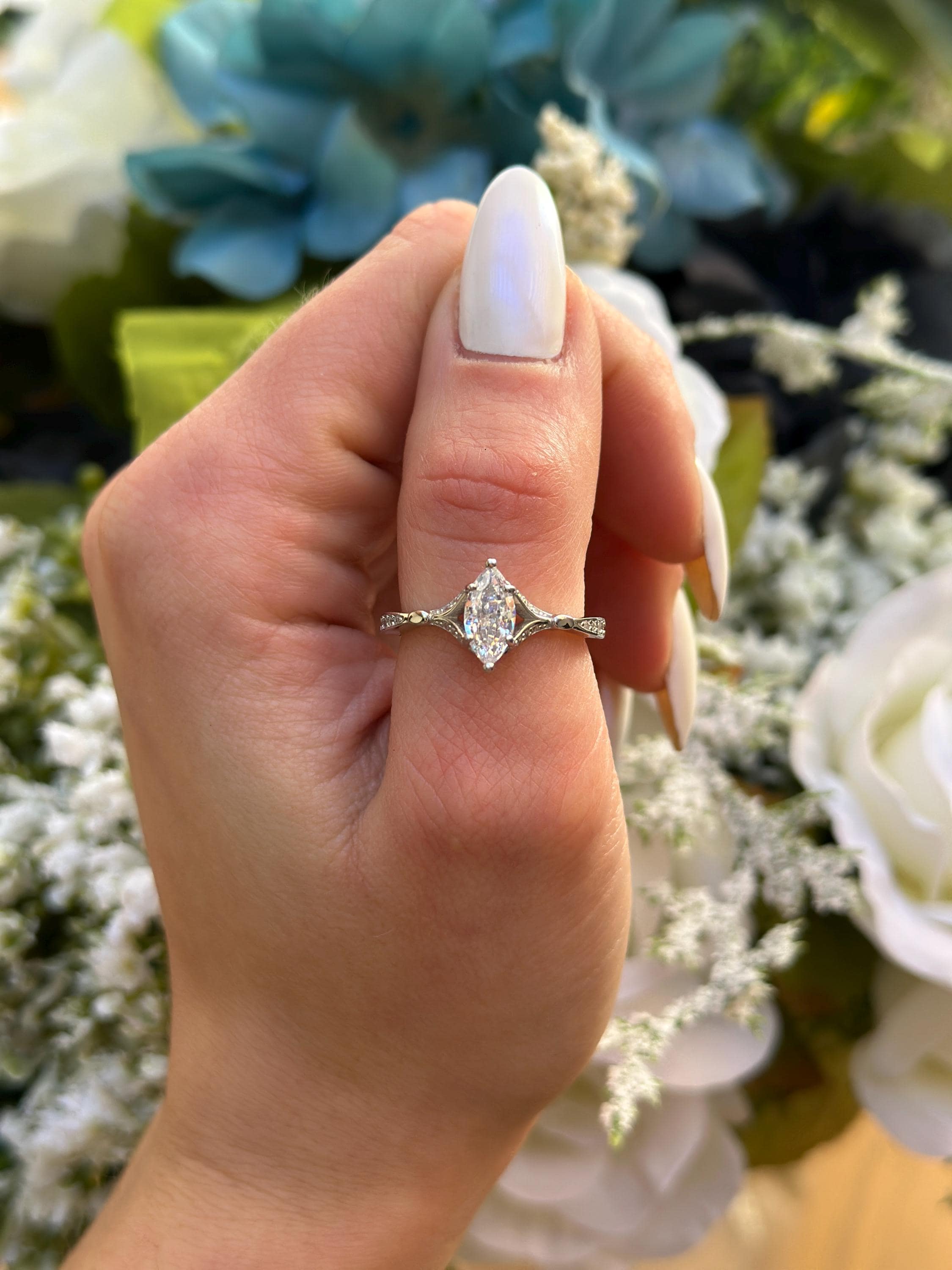 Art Deco Marquise Ring: 1.00Ct Simulated Diamond, 925 Sterling Silver
