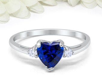 Heart Blue Sapphire CZ Promise Ring 925 Sterling Silver Round Simulated Diamond Wedding, Engagement, Bridal, Valentines, Girlfriend,