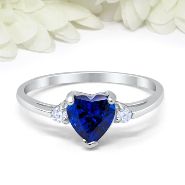 Heart Blue Sapphire CZ Promise Ring 925 Sterling Silver Round Simulated Diamond Wedding, Engagement, Bridal, Valentines, Girlfriend,