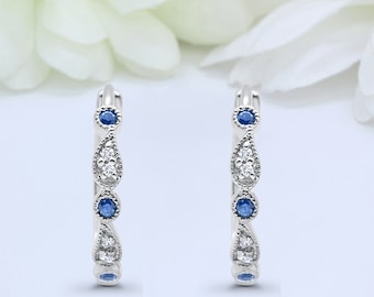 3mmx14mm Art Deco Huggie Hoop Vintage Diamond Blue Sapphire Earrings Round Emerald Ruby CZ 925 Sterling Silver