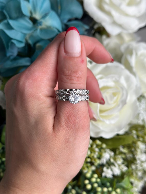 Two Piece Vintage Art Deco Wedding Engagement Ring Band Bridal Set