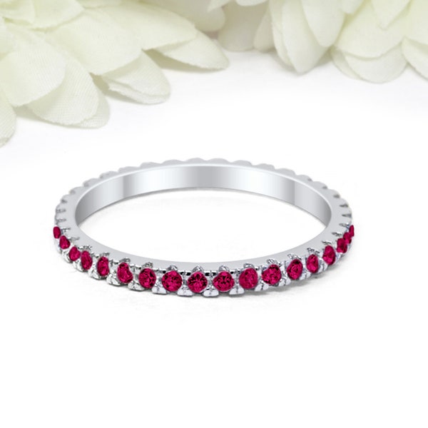 2mm Full Eternity Stackable Band Ring Simulated Ruby CZ Solid 925 Sterling Silver Wedding Band, Eternity Band July Stone