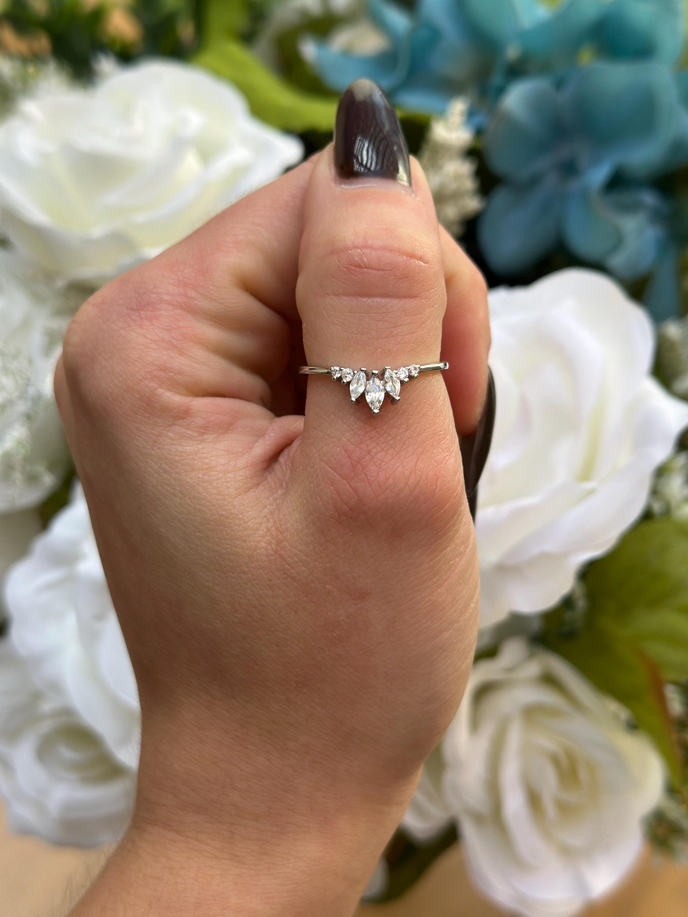 4mm Curved Contour Half Eternity Art Deco Wedding Band 14k Gold Round Marquise Simulated Diamond CZ Yellow Gold White Gold Rose Gold Bridal