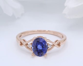 Infinity Shank Oval 1.20 Carat Lab Sapphire 14k Gold Round 0.03ct Natural Diamond Vintage Art Deco Wedding Engagement Bridal Ring
