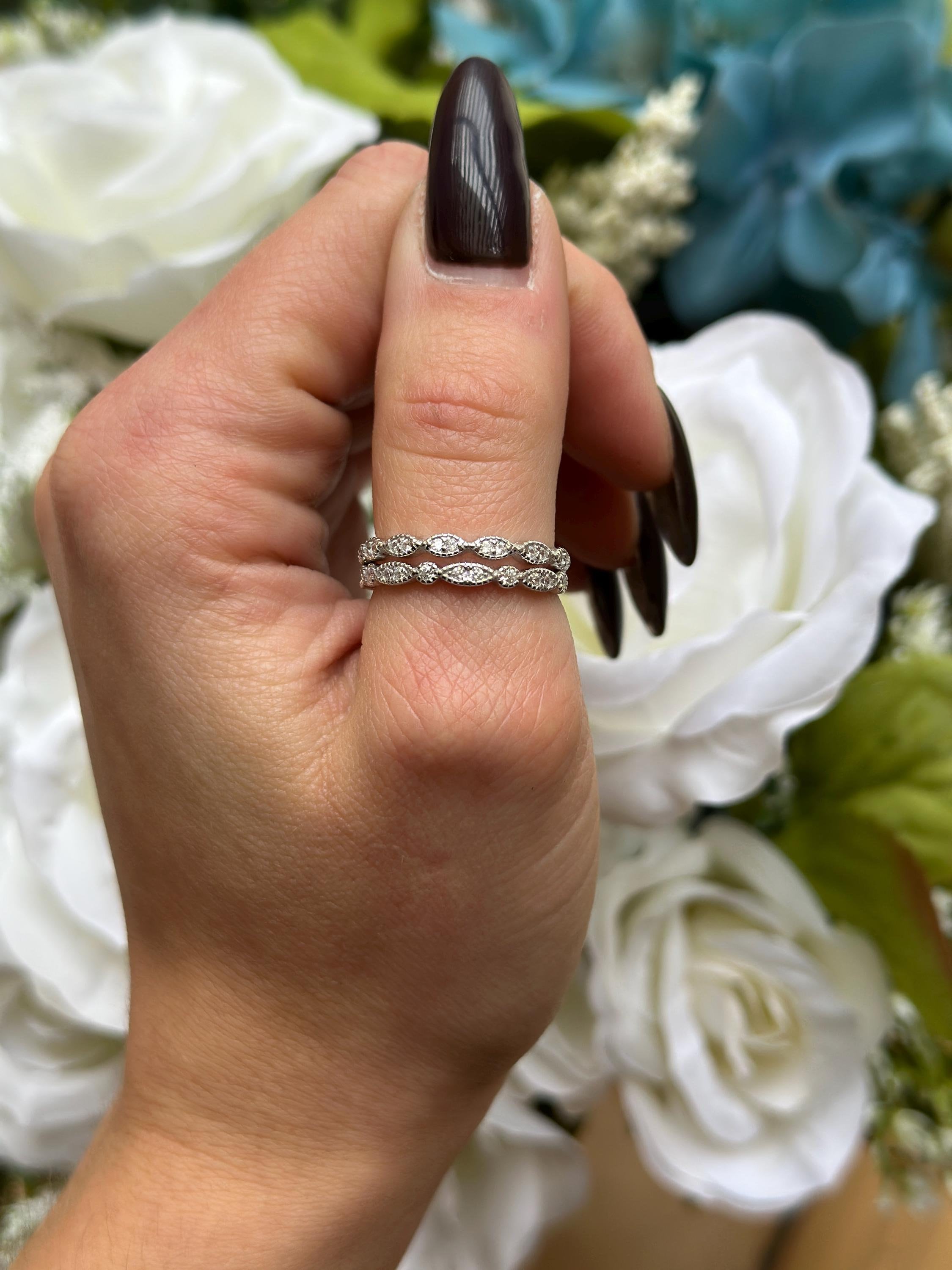Art Deco Sterling Silver Wedding Band Ring: Simulated Diamond CZ Half Eternity