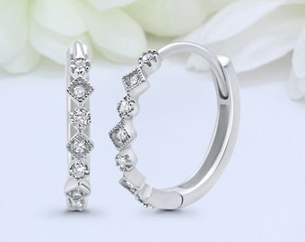 2.5mmx14mm Huggie Hoop Art Deco Vintage Round Diamond CZ Earrings 925 Sterling Silver Huggie Hoop Engagement Bridal Bridesmaid Gift Children