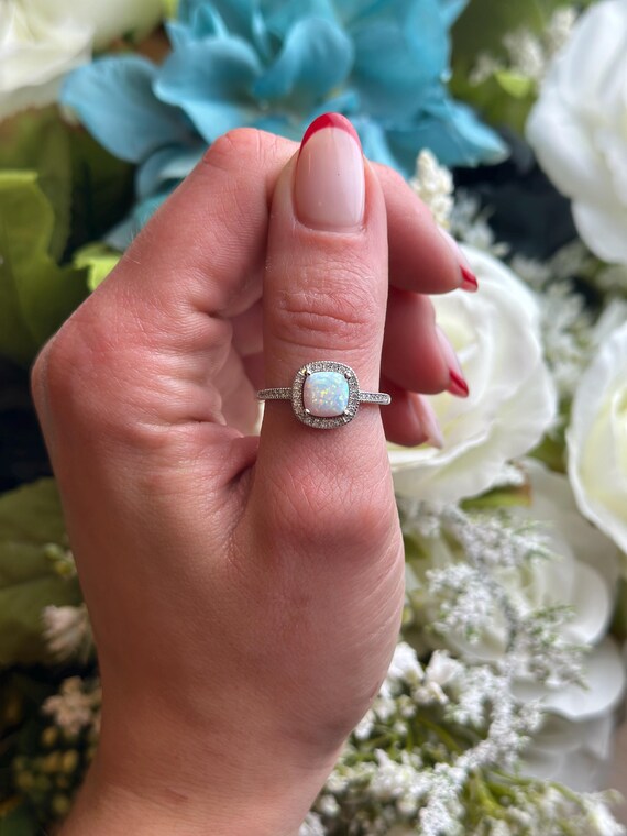 Halo Ring: 925 Sterling Silver Princess Cut Lab White Opal, CZ Accents