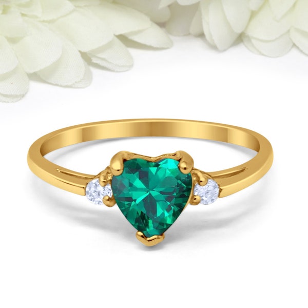 Heart Emerald Green CZ Promise Ring 925 Sterling Silver Round Simulated Diamond  Rose Gold Yellow Gold Choose Color