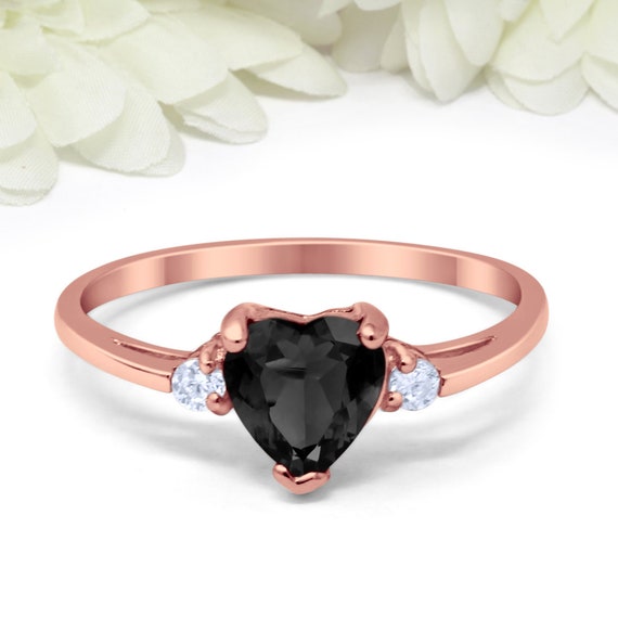 Heart Black CZ Promise Ring Rose Gold 925 Sterling Silver Round Simulated Diamond Valentines Girlfriend Wedding Engagement Bridal