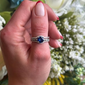 1.5ct Round Blue Sapphire CZ Vintage Art Deco 3 Three Piece Wedding Engagement Bridal Set Trio Promise Ring Band Solid 925 Sterling Silver
