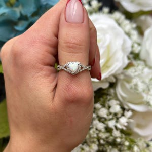 Halo Heart Promise Ring Lab White Opal Heart Round Simulated Diamond 925 Sterling Silver Infinity Twist Shank Girl Friend Gift for Her
