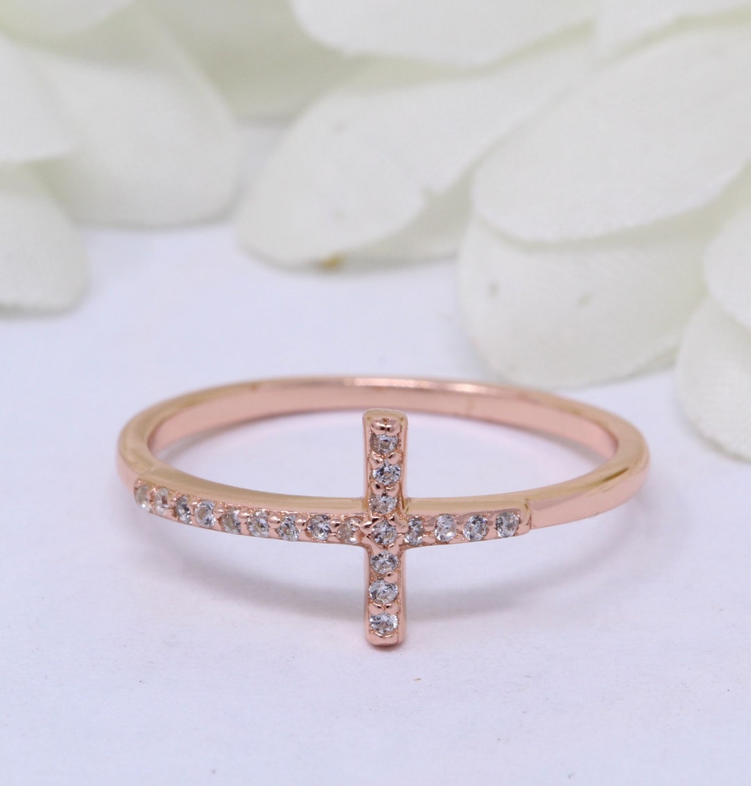 Sideways Cross Ring Round Simulated Diamond Petite Cross Ring - Etsy