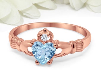 Claddagh Ring Rose Gold Sterling Silver Round Heart Aquamarine CZ Simulated Diamond Claddagh Engagement Irish Promise Ring March