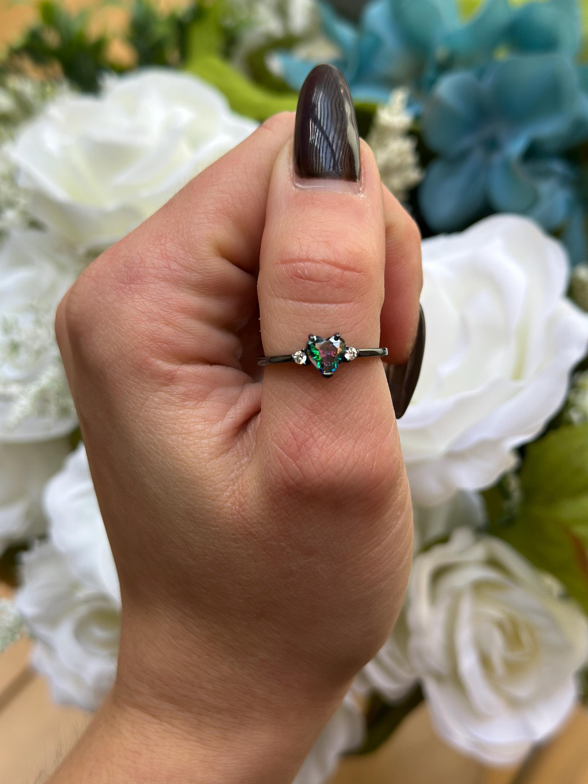 Heart Promise Ring: Rainbow Mystic Fire CZ, Black Gold Plated