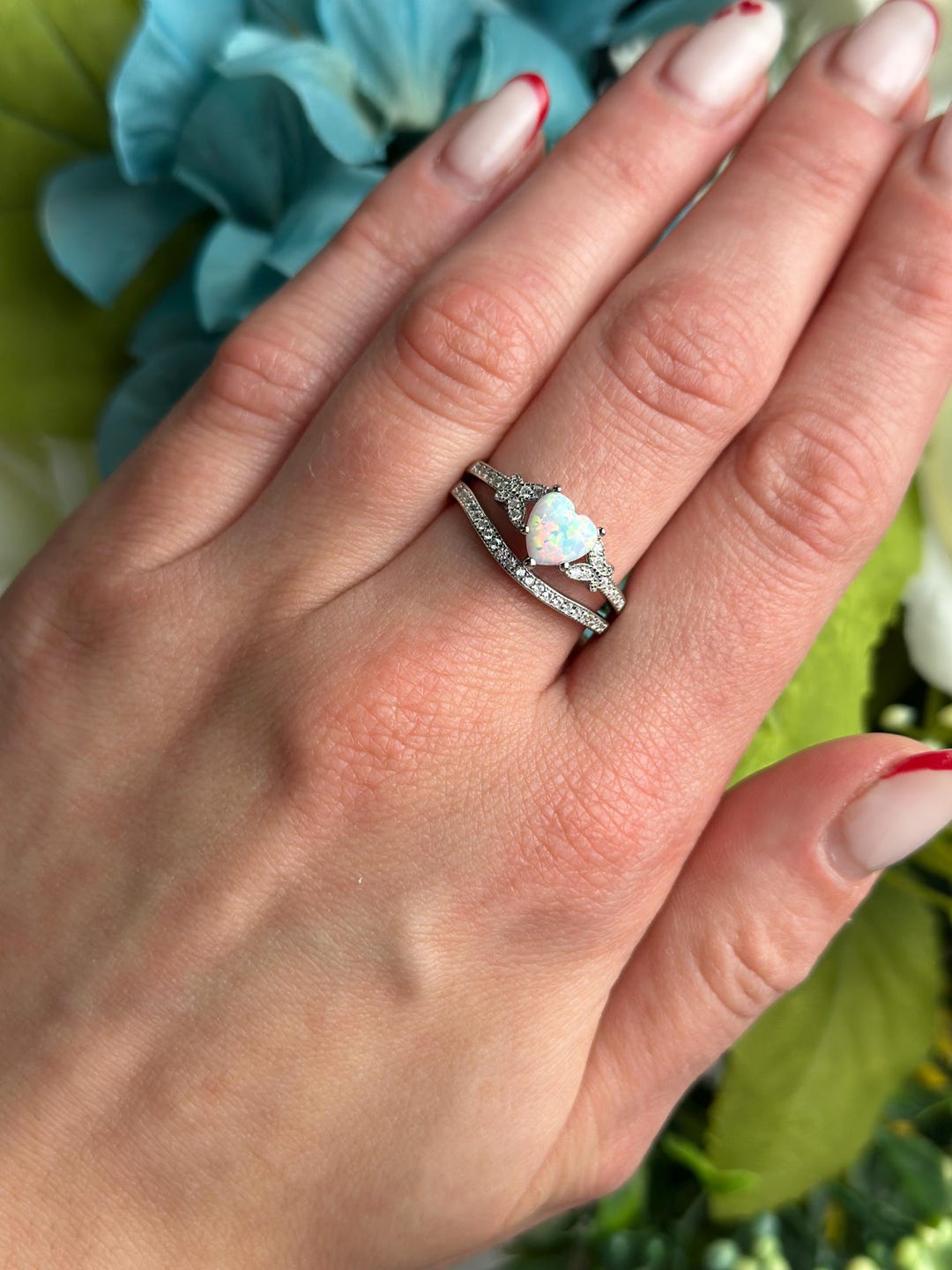 Art Deco Sterling Silver Bridal Set: Heart Opal &amp; CZ Engagement Ring - Etsy